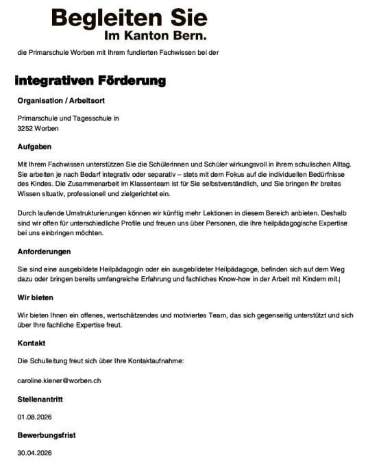 Stelleninserat Integrative Förderung