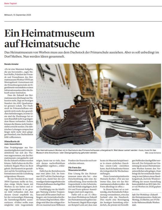 Bericht Bieler Tagblatt vom 10.09.2025: "Ein Heimatmuseum auf Heimatsuche*