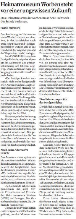 Bieler Tagblatt vom 16.05.2025: "Heimatmuseum steht vor einer ungewissen Zukunft"