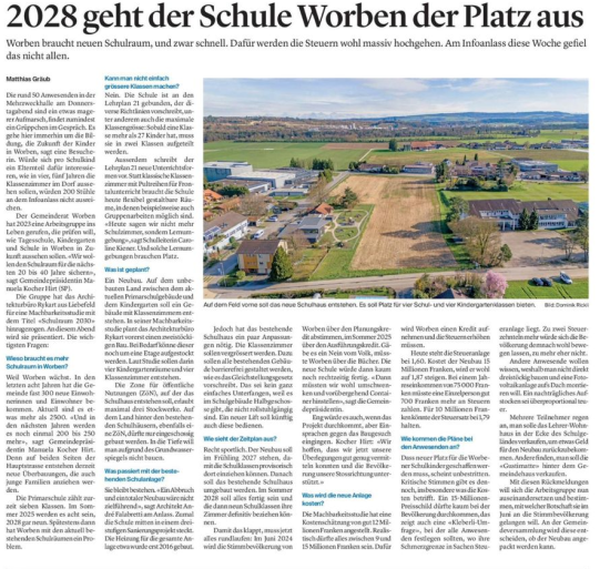 Zeitungsbericht Schulraum Worben, Bieler Tagblatt vom 23. März 2024