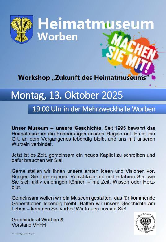 Einladung zum Workshop "Zukunft des Heimatmuseums" vom 13.10.2025